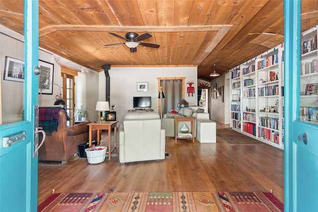 3 Waldo, Cerrillos, NM 87010 - living area featuring wooden ceiling, a ceiling fan, and wood-type flooring