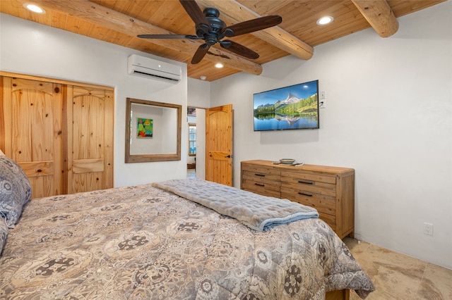 505 Juniper Dr Unit B, Santa Fe, NM 87501 - bedroom featuring a wall unit AC, wood ceiling with exposed beams, recessed lighting, and ceiling fan