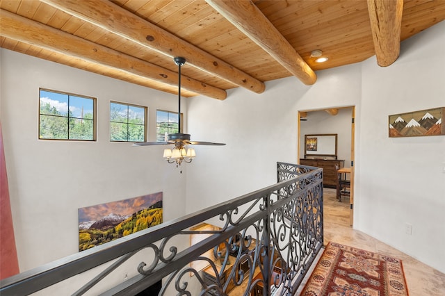 505 Juniper Dr Unit B, Santa Fe, NM 87501 - corridor featuring wooden ceiling with exposed beams and an upstairs landing