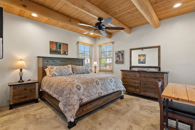 505 Juniper Dr Unit B, Santa Fe, NM 87501 - bedroom with wooden ceiling with exposed beams, recessed lighting, and a ceiling fan