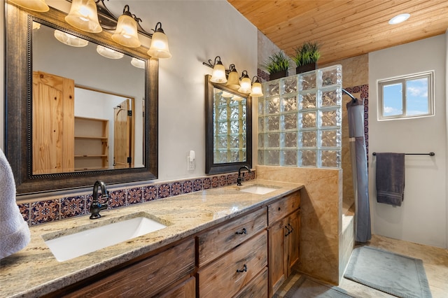 505 Juniper Dr Unit B, Santa Fe, NM 87501 - bathroom with wood ceiling, double vanity, and shower / bath combination with curtain