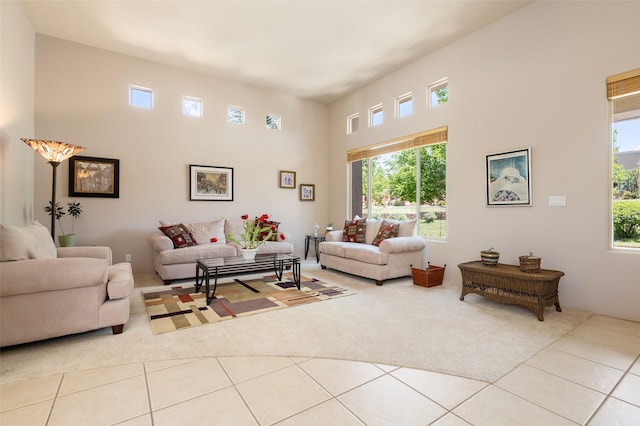 15 Cimarron Pass, Santa Fe, NM 87508 - tiled living area featuring carpet and a towering ceiling