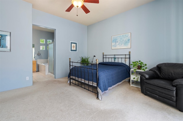 15 Cimarron Pass, Santa Fe, NM 87508 - bedroom featuring light carpet, ensuite bathroom, light tile patterned flooring, and a ceiling fan