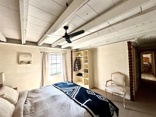 1402A Bishops Lodge Rd, Santa Fe, NM 87506 - bedroom featuring carpet floors, beamed ceiling, and a ceiling fan