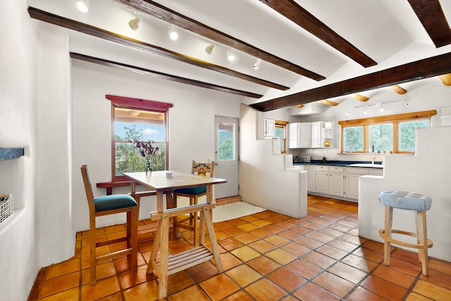 97 Quartz Trl, Santa Fe, NM 87505 - kitchen featuring beam ceiling, white cabinets, plenty of natural light, light tile patterned floors, and rail lighting