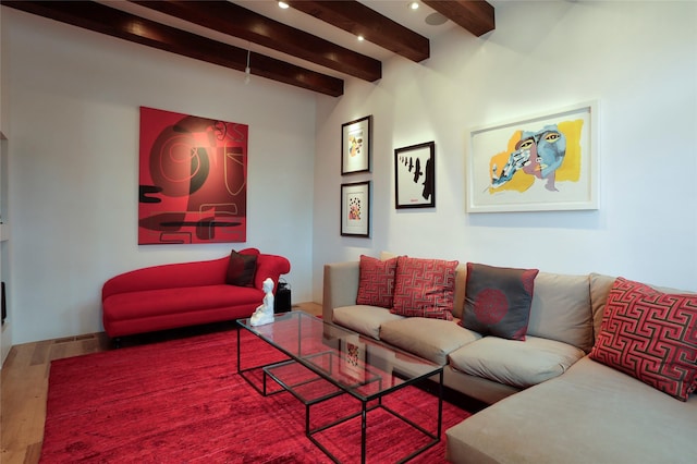 974 Old Santa Fe Trl, Santa Fe, NM 87505 - living area with wood finished floors, beam ceiling, and recessed lighting