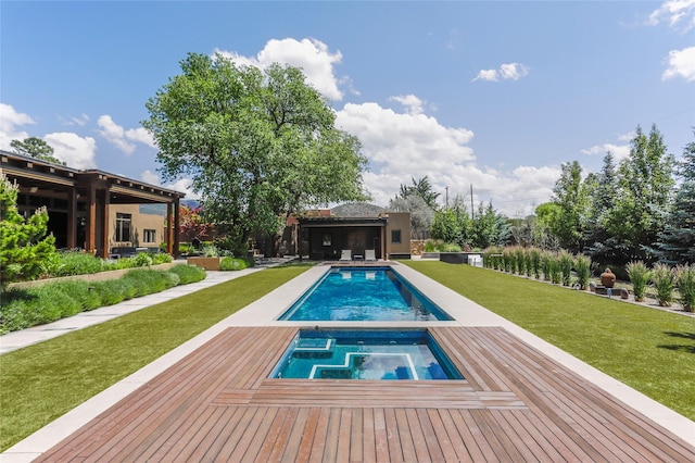 974 Old Santa Fe Trl, Santa Fe, NM 87505 - outdoor pool with an in-ground hot tub, a lawn, and a wooden deck
