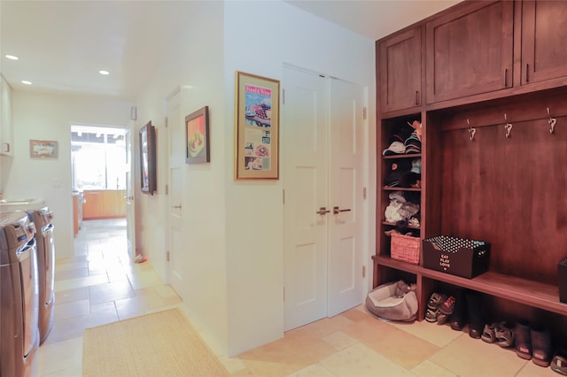 974 Old Santa Fe Trl, Santa Fe, NM 87505 - mudroom featuring independent washer and dryer, recessed lighting, and light tile patterned flooring