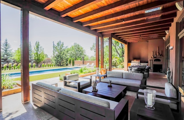 974 Old Santa Fe Trl, Santa Fe, NM 87505 - view of patio / terrace with an outdoor hangout area and an outdoor kitchen