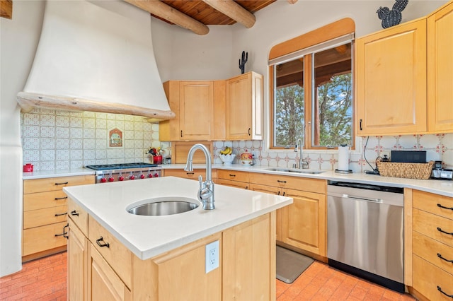 17 Alteza, Santa Fe, NM 87508 - kitchen featuring stainless steel appliances, light brown cabinetry, a wooden ceiling with exposed beams, brick flooring, and light countertops