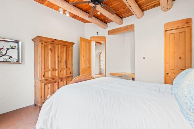 17 Alteza, Santa Fe, NM 87508 - bedroom with a wooden ceiling with exposed beams and a ceiling fan