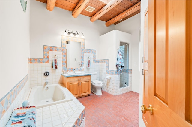 17 Alteza, Santa Fe, NM 87508 - bathroom featuring a wooden ceiling with exposed beams, tile walls, vanity, a garden tub, and a stall shower