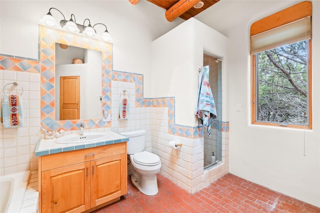 17 Alteza, Santa Fe, NM 87508 - full bathroom featuring tile walls, brick flooring, vanity, a stall shower, and beamed ceiling