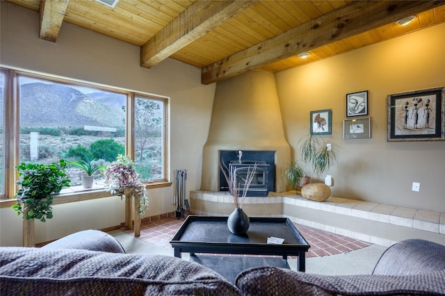 131 Quintana Rd, Questa, NM 87556 - living room featuring a wood ceiling with exposed beams, tile patterned flooring, and a wood stove
