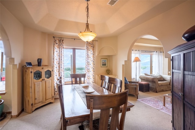 131 Quintana Rd, Questa, NM 87556 - dining area with light carpet, arched walkways, and a raised ceiling