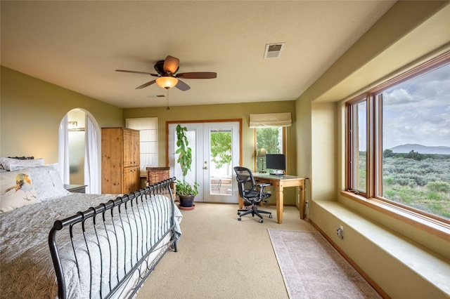 131 Quintana Rd, Questa, NM 87556 - bedroom with a desk, access to outside, multiple windows, and light colored carpet