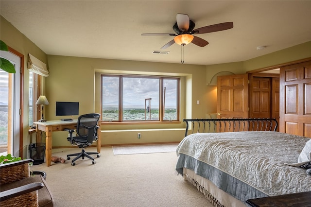 131 Quintana Rd, Questa, NM 87556 - carpeted bedroom with multiple windows, a desk, and a ceiling fan
