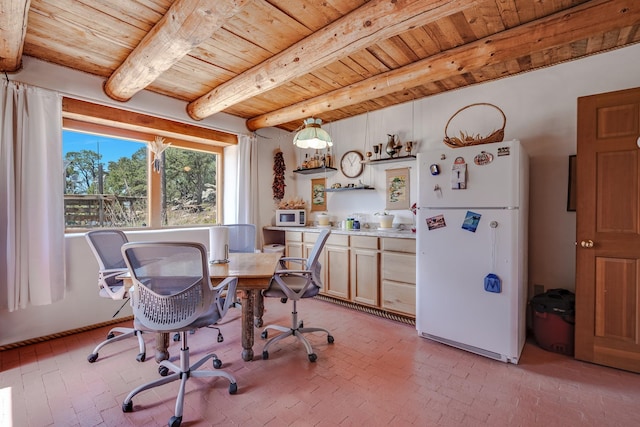 7675 Old Santa Fe Unit C, Santa Fe, NM 87505 - dining room with a wood ceiling with exposed beams and brick floors