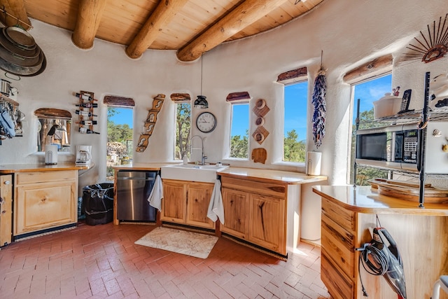7675 Old Santa Fe Unit C, Santa Fe, NM 87505 - bathroom featuring a wooden ceiling with exposed beams, brick floors, healthy amount of natural light, and vanity