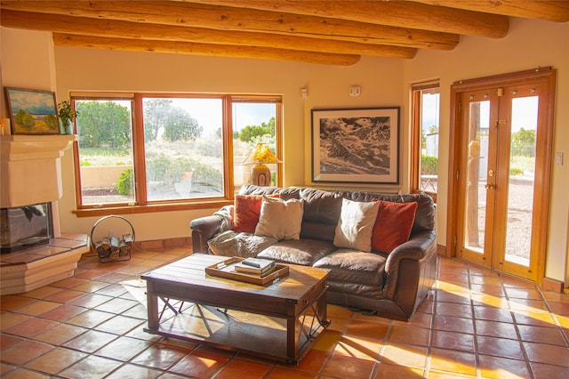 7 Paseo De Rincon, Santa Fe, NM 87508 - living room featuring tile patterned floors and beamed ceiling