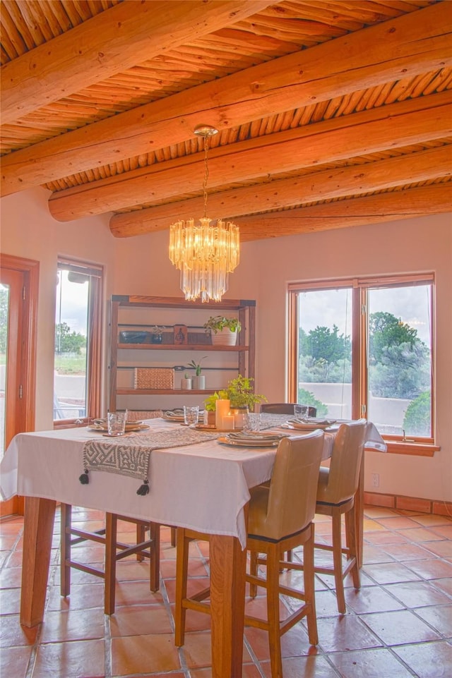 7 Paseo De Rincon, Santa Fe, NM 87508 - dining room with a chandelier, a wood ceiling with exposed beams, and stone tile flooring