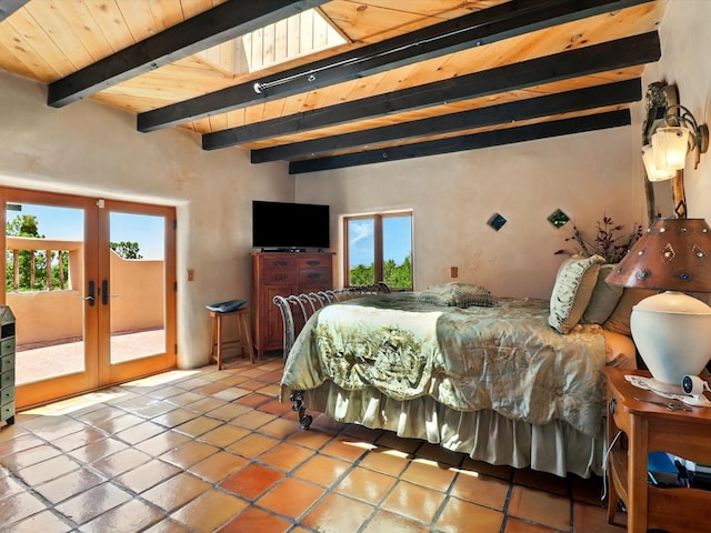 31AB Hondo Trl, Santa Fe, NM 87508 - bedroom with french doors, access to exterior, tile patterned flooring, and a wooden ceiling with exposed beams