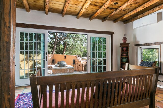 576 Camino Del Monte Sol, Santa Fe, NM 87505 - interior space featuring tile patterned flooring and a wood ceiling with exposed beams