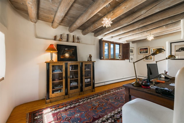 576 Camino Del Monte Sol, Santa Fe, NM 87505 - office space featuring a baseboard radiator, a wooden ceiling with exposed beams, and wood finished floors