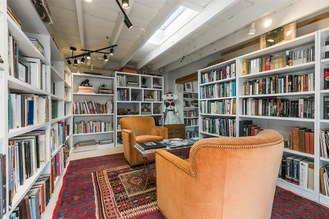 576 Camino Del Monte Sol, Santa Fe, NM 87505 - living area featuring rail lighting, bookshelves, and carpet flooring
