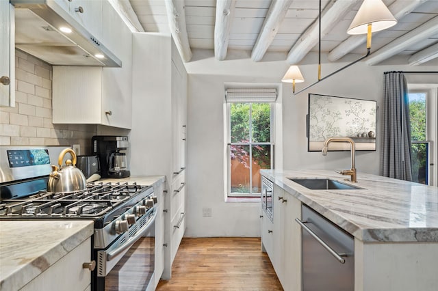 507 Acequia Madre, Santa Fe, NM 87505 - kitchen with stainless steel appliances, under cabinet range hood, plenty of natural light, light wood-type flooring, and beam ceiling