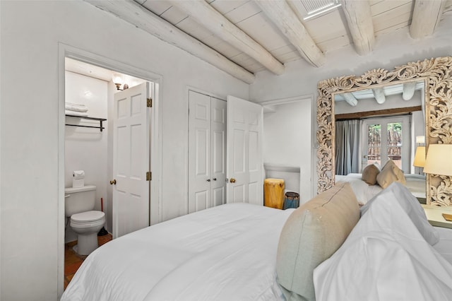 507 Acequia Madre, Santa Fe, NM 87505 - bedroom featuring connected bathroom, a wood ceiling with exposed beams, and access to outside