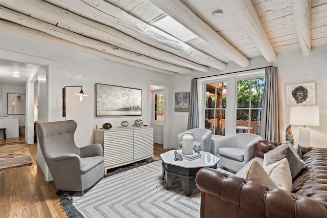 507 Acequia Madre, Santa Fe, NM 87505 - living area with wood finished floors and a wooden ceiling with exposed beams