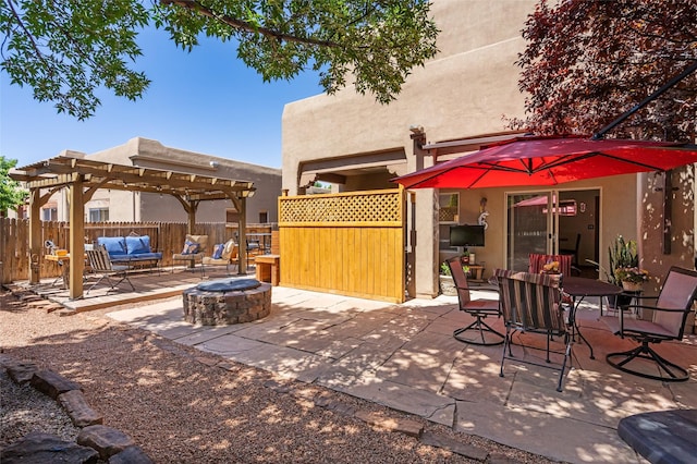 4737 Sundial Way, Santa Fe, NM 87507 - view of patio with a pergola and an outdoor living space with a fire pit