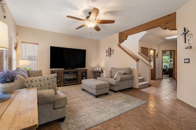 4737 Sundial Way, Santa Fe, NM 87507 - living area with ceiling fan, stairs, and tile patterned flooring