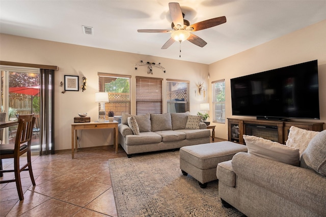 4737 Sundial Way, Santa Fe, NM 87507 - tiled living room featuring ceiling fan