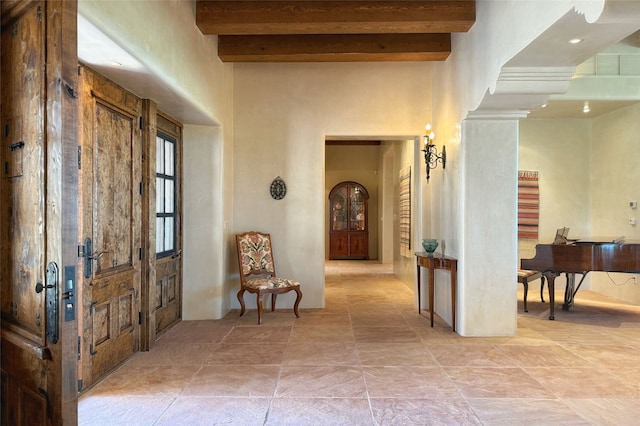 11 E Golden Eagle Rd, Santa Fe, NM 87506 - hall with beamed ceiling and a towering ceiling