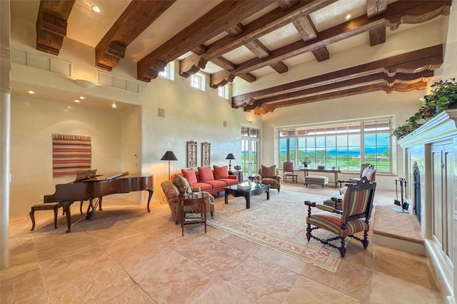 11 E Golden Eagle Rd, Santa Fe, NM 87506 - living area with a towering ceiling, beam ceiling, and plenty of natural light