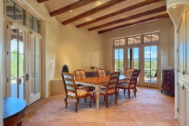 11 E Golden Eagle Rd, Santa Fe, NM 87506 - dining room with french doors, beamed ceiling, and a towering ceiling