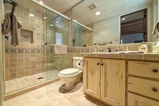 11 E Golden Eagle Rd, Santa Fe, NM 87506 - bathroom featuring tile patterned flooring, vanity, a stall shower, recessed lighting, and tile walls