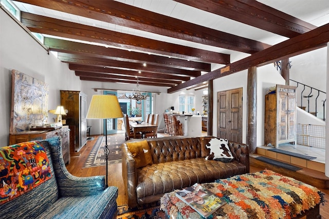 952 Acequia Madre, Santa Fe, NM 87505 - living area featuring hardwood / wood-style floors, a chandelier, and beamed ceiling