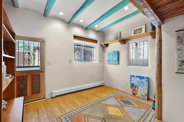 952 Acequia Madre, Santa Fe, NM 87505 - foyer with baseboard heating, wood-type flooring, healthy amount of natural light, beamed ceiling, and recessed lighting