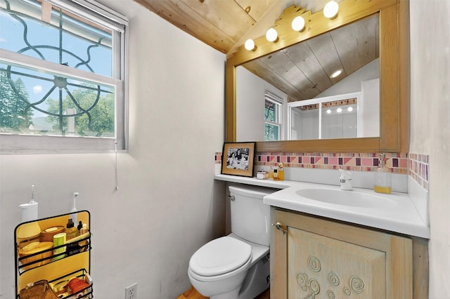 952 Acequia Madre, Santa Fe, NM 87505 - full bath with vaulted ceiling, backsplash, plenty of natural light, vanity, and wooden ceiling