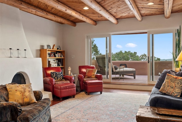15 Cielo Cumbre Rd, Santa Fe, NM 87505 - living room with a wood ceiling with exposed beams, wood finished floors, and recessed lighting