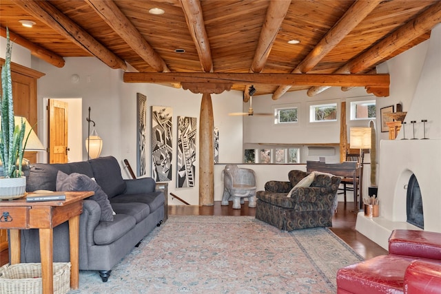 15 Cielo Cumbre Rd, Santa Fe, NM 87505 - living area with a wooden ceiling with exposed beams, wood finished floors, and recessed lighting