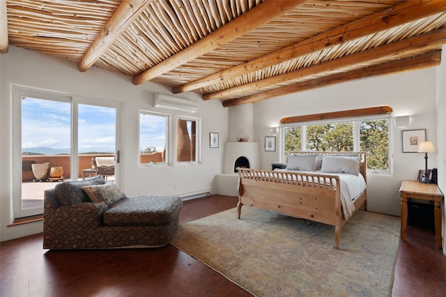 15 Cielo Cumbre Rd, Santa Fe, NM 87505 - bedroom featuring beam ceiling, a wall unit AC, access to exterior, and a baseboard heating unit