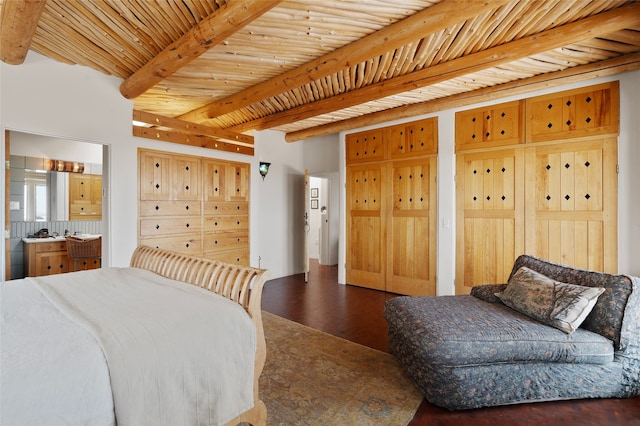 15 Cielo Cumbre Rd, Santa Fe, NM 87505 - bedroom featuring wood finished floors and a wood ceiling with exposed beams