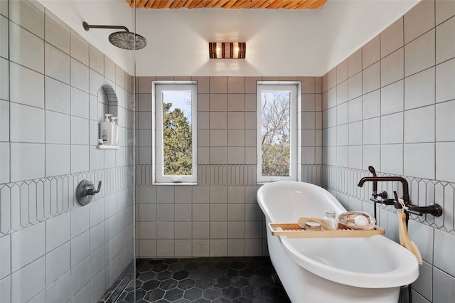 15 Cielo Cumbre Rd, Santa Fe, NM 87505 - full bathroom featuring tile walls, tile patterned flooring, a soaking tub, and tiled shower