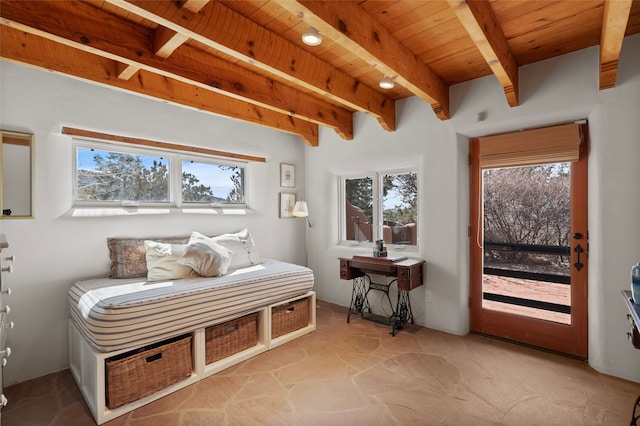 15 Cielo Cumbre Rd, Santa Fe, NM 87505 - sitting room featuring plenty of natural light, a wood ceiling with exposed beams, and stone floors
