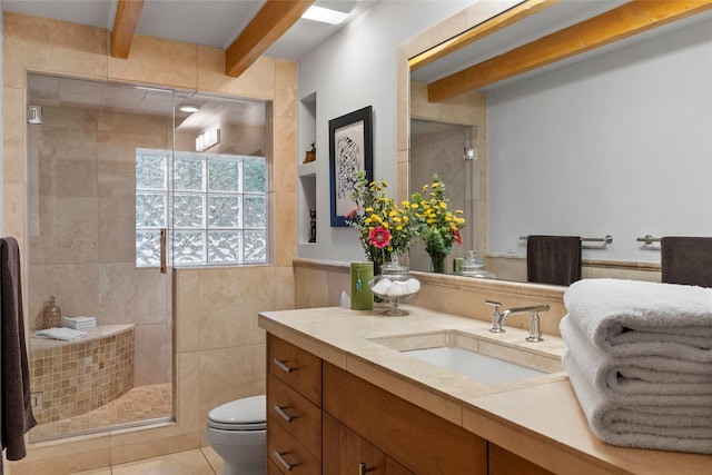 15 Cielo Cumbre Rd, Santa Fe, NM 87505 - bathroom featuring beamed ceiling, a tile shower, vanity, and tile patterned floors