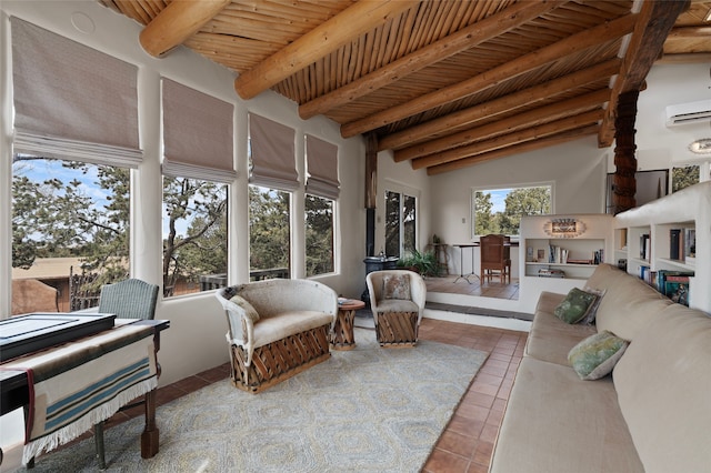 15 Cielo Cumbre Rd, Santa Fe, NM 87505 - sunroom with tile patterned flooring, a wall mounted air conditioner, and a wood ceiling with exposed beams